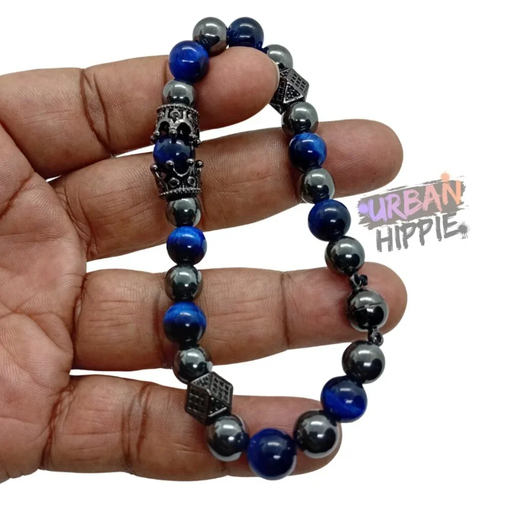 GEMSTONE Men's Double Crown Tiger's Eye & Hematite Beaded Bracelet Magnet Clasp